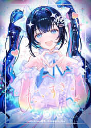 1girl :d bare_shoulders black_hair blue_eyes blue_hair bow bowtie commission dress hair_bow hair_ornament hamaru_log heart heart_hands long_hair looking_at_viewer multicolored_hair open_mouth original smile solo sparkle twintails white_bow white_dress wrist_cuffs