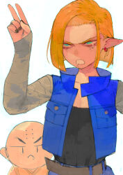 Rule 34 | 1boy, 1girl, android 18, bald, black nails, blonde hair, blue eyes, commentary, denim vest, dragon ball, earrings, highres, jewelry, kuririn, pointy ears, saliva, short hair, single tear, teeth, umezawa michiko, v