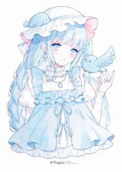 1girl animal animal_on_head bird bird_on_head blue_bird blue_eyes blue_hair blue_nails blue_ribbon blue_vest blush commentary cropped_torso earrings eyelashes frills hand_up hat hat_ribbon highres jewelry juliet_sleeves long_hair long_sleeves mob_cap necklace on_head original parted_lips puffy_sleeves ribbon ribbon_print ring shirt simple_background solo symbol-only_commentary tareme ting_(tingiiio) vest white_background white_hat white_shirt