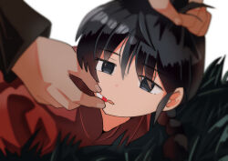 2boys black_hair blue_eyes braid braided_ponytail chinese_clothes drugged haida_katsuretsu hand_on_another&#039;s_head highres holding holding_pill kudou_shin&#039;ichi long_hair meitantei_conan multiple_boys on_grass open_mouth pill ranma_1/2 saotome_ranma shirt single_braid voice_actor_connection yamaguchi_kappei
