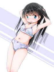1girl black_hair blue_eyes bra female_focus highres hoono_yurumu lie lingerie long_hair navel original panties solo stomach underwear underwear_only