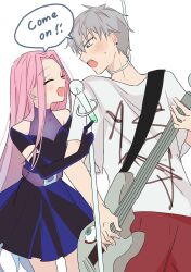 Rule 34 | 1boy, 1girl, alien stage, black dress, black gloves, choker, closed eyes, clothing cutout, commentary, dress, earrings, elbow gloves, electric guitar, english text, gloves, green eyes, grey hair, guitar, guitar strap, hetero, highres, holding, holding guitar, holding instrument, holding microphone stand, instrument, jewelry, long hair, lyrics, microphone, microphone stand, mizi (alien stage), music, pants, pink hair, print shirt, red pants, shirt, short hair, short sleeves, shoulder cutout, singing, till (alien stage), very long hair, very short hair, viga uzk, white choker, white shirt