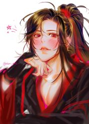 Rule 34 | 1boy, ahoge, arm guards, bishounen, black hair, black hanfu, blush, brown hair, chinese clothes, collarbone, hair ribbon, hand on own chin, hand up, hanfu, head rest, highres, lips, long hair, long sleeves, looking at viewer, male focus, modao zushi, niken (niken ouo), parted lips, pectoral cleavage, pectorals, ponytail, red eyes, red ribbon, ribbon, robe, sidelocks, simple background, smile, solo, star (symbol), twitter username, upper body, wei wuxian, white background, wide sleeves