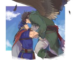 2boys arm_grab bara black_hair brown_hair brown_wings couple cropped_torso eye_contact feather_necklace feathered_wings fire_emblem fire_emblem:_path_of_radiance flying hand_on_another&#039;s_waist headband highres ike_(fire_emblem) interracial jewelry kamabokozin large_pectorals looking_at_another male_focus mature_male multiple_boys muscular muscular_male necklace nintendo pectorals pointy_ears short_hair smile spread_wings tibarn_(fire_emblem) wings yaoi yellow_eyes