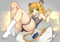 1girl absurdres animal_ears black_panties blonde_hair commentary_request green_eyes highres johnny_(braun-kan_cafe) ju_fufu legs long_hair looking_at_viewer open_mouth panties socks solo tail thigh_strap thighs tiger_ears tiger_girl tiger_tail underwear white_socks zenless_zone_zero