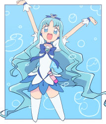 1girl :d air_bubble arms_up blue_background blue_choker blue_dress blue_eyes blue_hair blue_skirt blue_theme border brooch bubble cbgb choker cowboy_shot cropped_legs cure_marine dress heart heart_brooch heartcatch_precure! jewelry kurumi_erika long_hair looking_at_viewer magical_girl open_mouth outside_border outstretched_arms precure skirt smile solo standing thighhighs white_border white_thighhighs wrist_cuffs