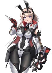 1girl absurdres animal_ears assault_rifle belt black_bodysuit black_gloves blonde_hair blue_eyes bodysuit braid breasts covered_navel cowboy_shot detached_sleeves fake_animal_ears gloves gluteal_fold gun headphones highres holding holding_gun holding_knife holding_weapon hood hood_down impossible_bodysuit impossible_clothes jacket knife large_breasts leotard long_hair long_sleeves looking_at_viewer mechanical_ears multicolored_gloves necktie open_clothes open_jacket open_mouth original pantyhose playboy_bunny ponytail pouch rabbit_ears rifle sherman_(egnk2525) side_braid simple_background skin_tight solo standing trigger_discipline two-tone_gloves weapon white_background white_jacket