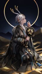 1girl a_deer_of_nine_colors absurdres animal_ears antlers arknights black_coat black_dress chinese_clothes chinese_commentary coat coat_on_shoulders commentary deer_antlers deer_ears deer_girl dress halo hand_fan highres horns kneeling mido_(mido_chen) mountainous_horizon night night_sky nine-colored_deer nine-colored_deer_(a_silvern_caress_on_the_flow_of_time) official_alternate_costume outdoors revision sky solo white_hair