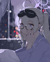 1girl absurdres ahoge bilibalakonglijiwa black-framed_eyewear blonde_hair blue_archive braid closed_mouth commentary from_side frown glasses halo hands_up highres indoors kotama_(blue_archive) kotama_(pajamas)_(blue_archive) long_hair long_sleeves looking_at_viewer mask mask_on_head ponytail portrait purple_eyes purple_halo purple_shirt rain semi-rimless_eyewear shirt side_braid sleep_mask solo under-rim_eyewear window