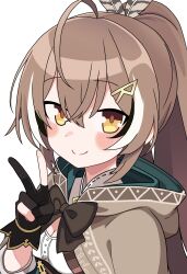 Rule 34 | ahoge, blush, brown capelet, brown cloak, brown corset, brown eyes, brown hair, capelet, cleavage cutout, cloak, clothing cutout, corset, feather hair ornament, feathers, gloves, hair ornament, hairclip, hieroglyphics, highres, hololive, hololive english, long hair, looking at viewer, multicolored hair, nanashi mumei, nanashi mumei (1st costume), partially fingerless gloves, pepe signal, ponytail, portrait, ribbon, shirt, smile, streaked hair, v, very long hair, virtual youtuber, white shirt