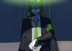 1boy armband collared_shirt elbow_on_leg gloves green_armband green_hair green_necktie hair_over_shoulder knee_up lobotomy_corporation looking_at_viewer medium_hair medu_(rubish) necktie netzach_(project_moon) on_ground project_moon shirt sitting smile spotlight white_gloves white_shirt wire yellow_eyes