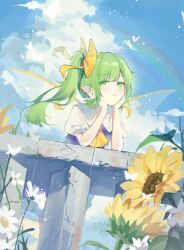 1girl blue_dress blue_sky bow cloud cloudy_sky cumulonimbus_cloud daiyousei day dress fairy fairy_wings flower green_eyes green_hair hair_bow head_rest highres kitahara_(pixiv_19528441) light_smile looking_at_viewer outdoors railing rainbow side_ponytail sky solo sunflower touhou wings yellow_bow
