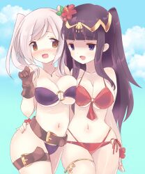 Rule 34 | 2girls, asymmetrical docking, bare shoulders, belt, bikini, black hair, blunt bangs, blush, breast press, breasts, brown eyes, brown gloves, cleavage, female robin (fire emblem), female robin (seaside tactician) (fire emblem), fire emblem, fire emblem awakening, fire emblem heroes, flower, gloves, gold thighlet, hair flower, hair ornament, hibiscus, jewelry, large breasts, long hair, looking at viewer, multiple girls, navel, necklace, nintendo, o-ring, o-ring bikini, o-ring top, official alternate costume, open mouth, purple bikini, red bikini, red flower, sideboob, skindentation, smile, stomach, swimsuit, teu (navy), tharja (fire emblem), tharja (summer) (fire emblem), thigh strap, thighlet, tiara, twintails, underboob, white hair