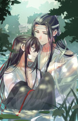 Rule 34 | 2boys, alternate costume, bishounen, black coat, black hair, chinese clothes, closed mouth, coat, coat partially removed, collarbone, dappled sunlight, dated, eye contact, grass, hair down, hair ribbon, half updo, hanfu, headband, height difference, highres, kimako (kimako 8), lan wangji, long hair, long sleeves, looking at another, lotus leaf, male focus, modao zushi, multiple boys, nature, off shoulder, official alternate hairstyle, outdoors, partially submerged, pectoral cleavage, pectorals, plant, ponytail, profile, purple eyes, red ribbon, ribbon, robe, sidelocks, smile, standing, sunlight, topknot, tree, twitter username, upper body, wading, water, watermark, wei wuxian, wei wuxian (yiling laozu), wet, wet clothes, wet hair, white hanfu, white headband, wide sleeves, yaoi, yellow eyes