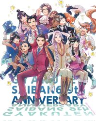 Rule 34 | 4girls, 6+boys, ace attorney, adjusting eyewear, ahlbi ur&#039;gaid, animal, animal on shoulder, anniversary, apollo justice, ascot, athena cykes, bead necklace, beads, bird, black gloves, black hair, black necktie, black socks, blue cape, blue eyes, blue hairband, blue hat, blue jacket, blue necktie, blue ribbon, boots, bouquet, bracelet, braid, braided ponytail, brown boots, brown hair, cape, collared shirt, copyright name, crescent, crescent earrings, dress, earrings, facial mark, flower, forehead jewel, forehead mark, full body, glasses, gloves, gold bracelet, green eyes, grey hair, hair bobbles, hair ornament, hair over shoulder, hair rings, hairband, hand fan, hat, hawk, highres, holding, holding bouquet, holding fan, holding unworn clothes, holding unworn hat, jacket, jewelry, kneehighs, kuranne, lapel pin, long hair, maya fey, medium hair, miles edgeworth, multicolored hair, multiple boys, multiple girls, nahyuta sahdmadhi, necklace, necktie, open-toe boots, orange hair, pants, phoenix wright, phoenix wright: ace attorney - spirit of justice, pink dress, purple eyes, purple hair, red jacket, red necktie, red pants, red scarf, red vest, ribbon, scarf, shirt, short hair, side ponytail, simon blackquill, single earring, single glove, sitting, socks, streaked hair, taka (ace attorney), tiara, top hat, topknot, trucy wright, unworn hat, unworn headwear, vest, white ascot, white background, white shirt, yellow jacket