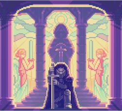 angel angel_wings armor cloak cloud commentary_request greaves grey_armor helmet holding holding_sword holding_weapon hood hooded_cloak knight on_one_knee original pillar pixel_art planted planted_sword planted_weapon purple_cloak shinku_castle solo_focus sword weapon wings