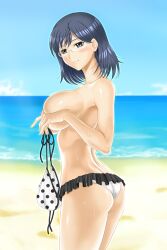 1girl ass beach bikini blue_eyes blue_hair breasts covering_breasts covering_privates day glasses highres konori_mii large_breasts matching_hair/eyes outdoors polka_dot sideboob smile solo swimsuit teasing toaru_kagaku_no_railgun toaru_majutsu_no_index tonbidou topfreedom topless_female unworn_bikini_top water wet
