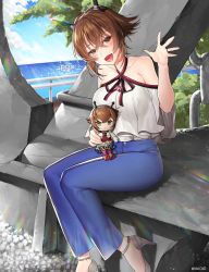 Rule 34 | 1girl, anchor, anchor earrings, bare shoulders, black footwear, blue pants, blush, breasts, brown hair, casual, character doll, chibi, collarbone, denim, doll, earrings, female focus, flipped hair, gloves, green eyes, hair between eyes, headgear, heart lock (kantai collection), high heels, ia (ias1010), jeans, jewelry, kantai collection, large breasts, looking at viewer, mutsu (battleship), mutsu (kancolle), ocean, off shoulder, open mouth, outdoors, pants, shirt, short hair, sitting, solo, tree, white gloves, white shirt