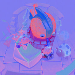 2boys against_wall albino_dwarf_bulborb bad_tag big_nose black_eyes black_hair black_shoes black_suit bottle brown_hair buttons chibi colored_skin formal_clothes gatling_groink gloves helmet hiding highres holding holding_bottle knee_up leaf multiple_boys nervous nervous_sweating nintendo no_mouth olimar open_mouth outstretched_arms pikmin_(creature) pikmin_(series) pikmin_2 pointy_ears president_(pikmin) purple_pikmin radio_antenna red_gloves scared shadow shoes short_hair space_helmet spacesuit spray_bottle suit sweat sweatdrop tile_floor tiles tower turn_pale very_short_hair whistle white_gloves yellow_pikmin yellow_skin yu_pikmin