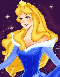 1girl aurora_(disney) auroura blonde_hair blue_eyes disney_princess dress happy long_hair long_sleeves looking_at_viewer makeup nyamunekonabe simple_background sleeping_beauty_(disney) smile solo tagme tiara toon_(style)