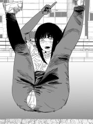 1girl ass blush chainsaw_man commentary_request fujimoto_tatsuki_(style) greyscale highres index_finger_raised legs_up long_hair monochrome nanami_toga open_mouth panties pants ringed_eyes scar scar_on_face shirt shoes solo stained_panties torn_clothes torn_pants underwear virtual_youtuber yoru_(chainsaw_man)
