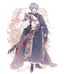 1boy blue_bow blue_gemstone blue_hair boots bow closed_mouth floral_background full_body gem grey_hair hakama holding holding_sword holding_weapon japanese_clothes katana lemon89h long_sleeves looking_at_viewer male_focus original rococo_movement solo standing sword weapon