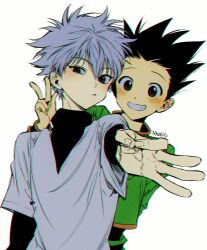 2boys black_hair blush brown_eyes gon_freecss green_jacket grey_eyes highres hunter_x_hunter jacket killua_zoldyck looking_at_viewer m_m_pb male_focus multiple_boys parted_lips shirt simple_background spiked_hair turtleneck upper_body v white_background white_hair white_shirt