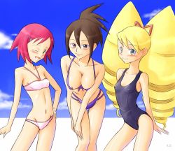 00s 3girls areola_slip bare_shoulders bikini blonde_hair blush breasts brown_eyes brown_hair capcom covered_erect_nipples female_focus flat_chest green_eyes hair_ornament hairclip hand_on_own_hip hope_stelar_(mega_man) large_breasts long_hair luna_platz_(mega_man) mature_female mega_man_(series) mega_man_star_force_(series) midriff multiple_girls nipples one-piece_swimsuit one_eye_closed open_mouth ponytail red_hair short_hair smile sonia_strumm_(mega_man) swimsuit very_long_hair wink