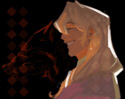 Rule 34 | 1boy, 2023, abstract background, ace attorney, apollo justice: ace attorney, black background, blonde hair, dark-skinned male, dark skin, drill hair, earrings, from side, glasses, grin, hair between eyes, highres, jacket, jewelry, kristoph gavin, long hair, side drill, single earring, sinlizards, smile, suit jacket, swept bangs, triangle, wolf