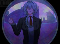 1boy alternate_costume anaxa_(honkai:_star_rail) aqua_hair black_suit collared_shirt eyepatch formal_clothes grey_vest hair_between_eyes hair_over_shoulder hand_up highres honkai:_star_rail honkai_(series) kannaduki_1026 male_focus medical_eyepatch medium_hair monitoring_(vocaloid) necktie one_eye_covered parted_lips pov_peephole red_necktie shirt solo suit sweater_vest vest white_shirt