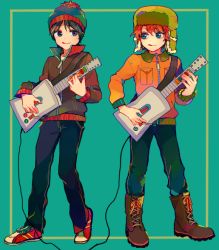 2boys black_hair blue_eyes child eye_contact full_body guitar guitar_hero hat instrument jacket kyle_broflovski looking_at_another male_focus multiple_boys pepocopranodon red_hair smile south_park stan_marsh standing tongue