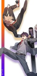 2boys 6tnut9 arm_up artist_name bandaged_hand bandages belt belt_buckle black_jacket black_pants blazer brown_belt brown_eyes brown_hair buckle collared_shirt commentary_request fushimi_gaku fushimi_gaku_(1st_costume) green_eyes grey_sweater hair_between_eyes halftone jacket jewelry kenmochi_touya kenmochi_touya_(1st_costume) lapels long_sleeves looking_at_another looking_to_the_side male_focus multiple_boys necktie nijisanji omamori open_clothes open_jacket open_mouth pants plaid_clothes plaid_necktie purple_hair red_necktie red_shoes ring school_uniform shirt shoes short_hair simple_background sneakers sweater teeth upper_teeth_only virtual_youtuber weapon_bag white_background white_shirt white_shoes wing_collar yagasuri