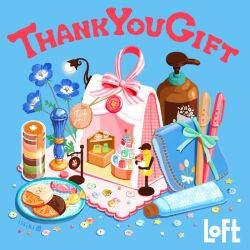 artist_name bag blue_background blue_flower bottle bouquet bow box cake cookie cosmetics cup desk_lamp donut english_text flower food food_focus fruit gift issiki_toaki lamp lipstick_tube mirror no_humans orange_(fruit) orange_flower orange_slice original pen perfume_bottle pink_bow pink_flower pink_ribbon plate ribbon simple_background star_(symbol) still_life striped_ribbon tulip