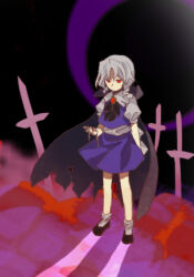 Rule 34 | 1girl, black cape, black ribbon, black shoes, blue skirt, blue vest, brooch, cape, collared shirt, commentary request, drill hair, drill sidelocks, flat chest, frilled shirt collar, frills, full body, grey hair, hand up, jewelry, kaigen 1025, muse (seihou), neck ribbon, no mouth, puffy short sleeves, puffy sleeves, red brooch, red eyes, ribbon, seihou, shirt, shoes, short hair, short sleeves, sidelocks, skirt, socks, solo, standing, torn cape, torn clothes, vest, white shirt, white socks