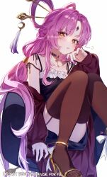 1girl absurdres alternate_costume brown_thighhighs forehead_jewel fu_xuan_(honkai:_star_rail) garter_straps high_heels highres honkai:_star_rail honkai_(series) imasaki_kei long_hair looking_at_viewer low_twintails on_chair parted_lips pink_hair shoes simple_background sitting smile solo thighhighs thighs toes twintails twitter_username very_long_hair white_background yellow_shoes