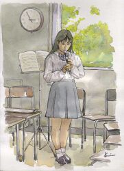 Rule 34 | 1girl, black footwear, bow, bowtie, chair, clock, desk, kanai kiyoaki, music stand, pleated skirt, school uniform, shirt, skirt, socks, standing, traditional media, white shirt, white socks