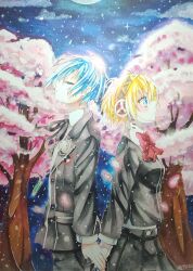 Rule 34 | 1boy, 1girl, absurdres, aigis (persona), black dress, black jacket, black ribbon, blonde hair, blue hair, blush, cherry blossoms, closed eyes, dress, earphones, gekkoukan high school uniform, highres, holding hands, jacket, moon, night, night sky, persona, persona 3, petals, red ribbon, ribbon, sky, stars, tree, walkman, yukiart 83, yuuki makoto (persona 3)