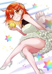1girl ahoge bare_shoulders breasts dress fate/grand_order fate_(series) fujimaru_ritsuka_(female) highres ichino_tomizuki looking_at_viewer medium_breasts one_eye_closed one_side_up orange_eyes orange_hair short_hair smile solo white_dress