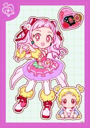 Rule 34 | 2girls, baby, back bow, bare shoulders, beads, bib, blonde hair, blunt bangs, boots, border, bow, bright pupils, clover earrings, collared shirt, crop top, cure yell, curly hair, daisy (flower), deformed, detached sleeves, dot nose, dotted line, double bun, eyelashes, flower, footwear bow, forehead, four-leaf clover earrings, frilled skirt, frills, full body, fur-trimmed boots, fur trim, grey background, grid background, hair beads, hair bun, hair flower, hair ornament, hair ribbon, hair scrunchie, happy, heart, heart hair ornament, heart hands, heart print, high heel boots, high heels, highres, hug-tan (precure), hugtto! precure, light blush, long hair, looking at viewer, magical girl, makeup, mascara, midriff, miniskirt, multiple girls, navel, nono hana, onesie, open mouth, outline, pink boots, pink bow, pink eyes, pink hair, pink shirt, pink skirt, pink sleeves, precure, purple border, red bow, red ribbon, ribbon, scrunchie, shirt, short hair, short sleeves, signature, skirt, smile, tareme, thighhighs, uwded 207, wavy hair, white flower, white outline, white pupils, white scrunchie, white thighhighs, wrist cuffs, wrist ribbon, yellow wrist cuffs