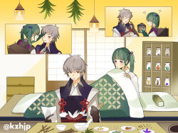 Rule 34 | 1boy, 1girl, black gloves, blanket, blush, brown eyes, commentary request, fingerless gloves, fire emblem, fire emblem fates, gloves, green hair, grey hair, indoors, japanese clothes, kazuha (kazuha1003), kiragi (fire emblem), midori (fire emblem), nintendo, on bed, purple eyes, short hair, sick, single fingerless glove, sitting, twintails