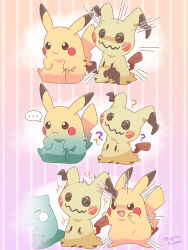 ... :3 :d ? artist_name brown_eyes closed_mouth commentary_request fang gen_1_pokemon gen_7_pokemon highres mimikyu mugita_konomi nintendo no_humans open_mouth pikachu pokemon pokemon_(creature) sitting smile spoken_ellipsis striped_background trembling