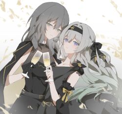 2girls belt black_belt black_dress black_gloves black_hairband blue_pupils blush cup dress drinking_glass firefly_(honkai:_star_rail) gloves gradient_eyes gradient_hair grey_hair hair_between_eyes hair_intakes hair_ribbon hairband highres holding holding_cup honkai:_star_rail honkai_(series) jacket jacket_on_shoulders light_smile long_hair minutes_(minutes_draw) multicolored_eyes multicolored_hair multiple_girls ribbon stelle_(honkai:_star_rail) trailblazer_(honkai:_star_rail) wine_glass yellow_eyes