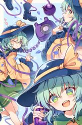 1girl :d ;) antique_phone black_boots black_hat boots closed_mouth collared_shirt falling_petals finger_to_own_chin frilled_sleeves frills green_eyes green_hair hair_between_eyes hashtag-only_commentary hat hat_ribbon heart heart_of_string highres holding holding_phone koishi_day komeiji_koishi long_sleeves looking_at_viewer looking_back multiple_views one_eye_closed open_mouth petals phone ribbon rotary_phone sekisei_(superego51) shirt short_hair smile teeth touhou upper_teeth_only wide_sleeves yellow_ribbon yellow_shirt