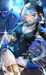 1girl absurdres animal_ears animal_hood black_gloves black_leotard blue_eyes breasts cat_ears cat_girl cat_hood cat_tail cipher_(honkai:_star_rail) cleavage coin commentary_request electricity fingerless_gloves full_moon gloves gold_coin grey_hair highres holding holding_coin honkai:_star_rail honkai_(series) hood hooded_leotard large_breasts leotard mole mole_on_breast moon night night_sky open_mouth outdoors running short_hair_with_long_locks sky spirithief_bartholos_(honkai:_star_rail) star_(sky) starry_sky tail yukinoarale_re