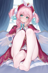 1girl absurdres aqua_bow aqua_bowtie aqua_eyes aqua_hair blush bow bowtie closed_mouth commentary_request couch crossed_bangs curtains dress feet foot_focus foreshortening full_body gold_trim gradient_hair hair_between_eyes hand_on_own_cheek hand_on_own_face hand_up hat highres honkai:_star_rail honkai_(series) hyacine_(honkai:_star_rail) indoors knees_up layered_dress little_ica_(honkai:_star_rail) long_hair long_sleeves looking_at_viewer low_wings multicolored_hair negi_kome on_couch pantyhose pink_dress pink_hair presenting_foot sidelocks sitting soles solo thighs toes twintails white_pantyhose white_wings window wings