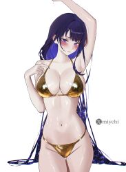 1girl absurdres alternate_costume arm_up armpits artist_name bikini blue_hair blush breasts cleavage closed_mouth commentary_request cowboy_shot genshin_impact gold_bikini golden_week highres large_breasts long_hair looking_at_viewer miychi mole mole_under_eye navel purple_eyes raiden_shogun shiny_clothes shiny_skin simple_background skindentation solo swimsuit thigh_gap thighs twitter_username twitter_x_logo very_long_hair water_drop wet wet_face white_background