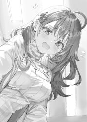 Rule 34 | 1girl, absurdres, ahoge, blush, breasts, cleavage, cleavage cutout, clothing cutout, commentary request, flying sweatdrops, from below, greyscale, hair ornament, highres, large breasts, long hair, looking at viewer, mariya mikhailovna kujou, momoko (momopoco), monochrome, novel illustration, official art, open mouth, solo, sweater, tokidoki bosotto roshia-go de dereru tonari no alya-san