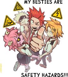 Rule 34 | &gt; o, 1girl, 3boys, absurdres, arm around neck, artist name, ashido mina, bakugou katsuki, black hair, black sclera, blank eyes, blonde hair, boku no hero academia, breasts, colored sclera, commentary, commentary request, eidinazavr, english commentary, english text, highres, holding hands, horns, kaminari denki, kirishima eijirou, medium breasts, miniskirt, mixed-language commentary, multiple boys, necktie, one eye closed, open mouth, pink hair, pink skirt, pleated skirt, red eyes, red hair, red necktie, russian commentary, scar, scar on arm, school uniform, sharp teeth, skirt, smile, standing, standing on one leg, teeth, thumbs up, u.a. school uniform, yellow eyes