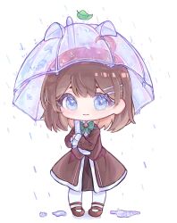 1girl ahoge blue_eyes bow bowtie brown_coat brown_hair brown_shoes brown_skirt cat_ear_umbrella chibi coat green_bow green_bowtie highres hod hod_(project_moon) holding holding_umbrella kyuncat leaf library_of_ruina mary_janes medium_hair pantyhose project_moon rain shoes simple_background skirt solo transparent transparent_umbrella umbrella white_background white_pantyhose