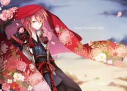 1boy 2016 armor black_sash blue_sky cape closed_mouth cloud commentary_request cowboy_shot crescent crescent_hair_ornament floral_print_cape flower hair_between_eyes hair_ornament happy_new_year japanese_armor kagerou_(ragnarok_online) kote kurokote looking_at_viewer male_focus new_year obi orange_eyes outdoors petals pink_flower pink_hair purple_shirt ragnarok_online red_cape rope_belt sash shirt short_hair sky smile solo sunrise wane_(ruki) yellow_sky